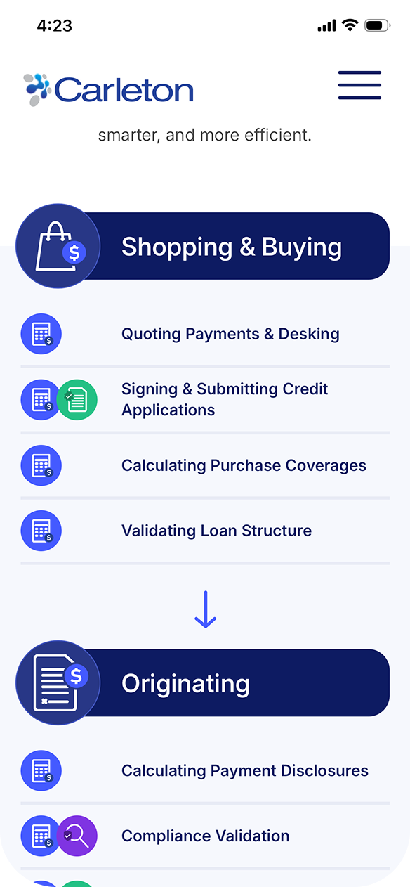 Carleton mobile website showing the purchasing process integration