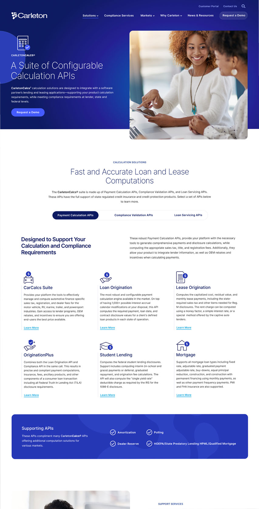 CarletonCalcs solution page showing a suite of configurable calculation APIs with payment calculation offerings
