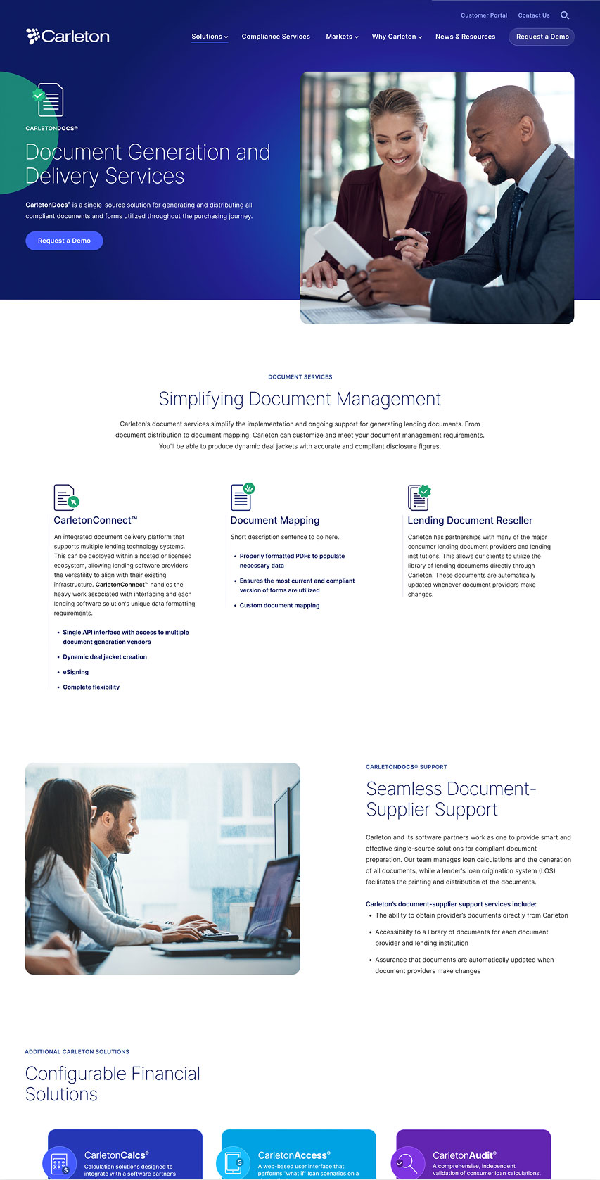 CarletonDocs solution page detailing document generation and delivery services
