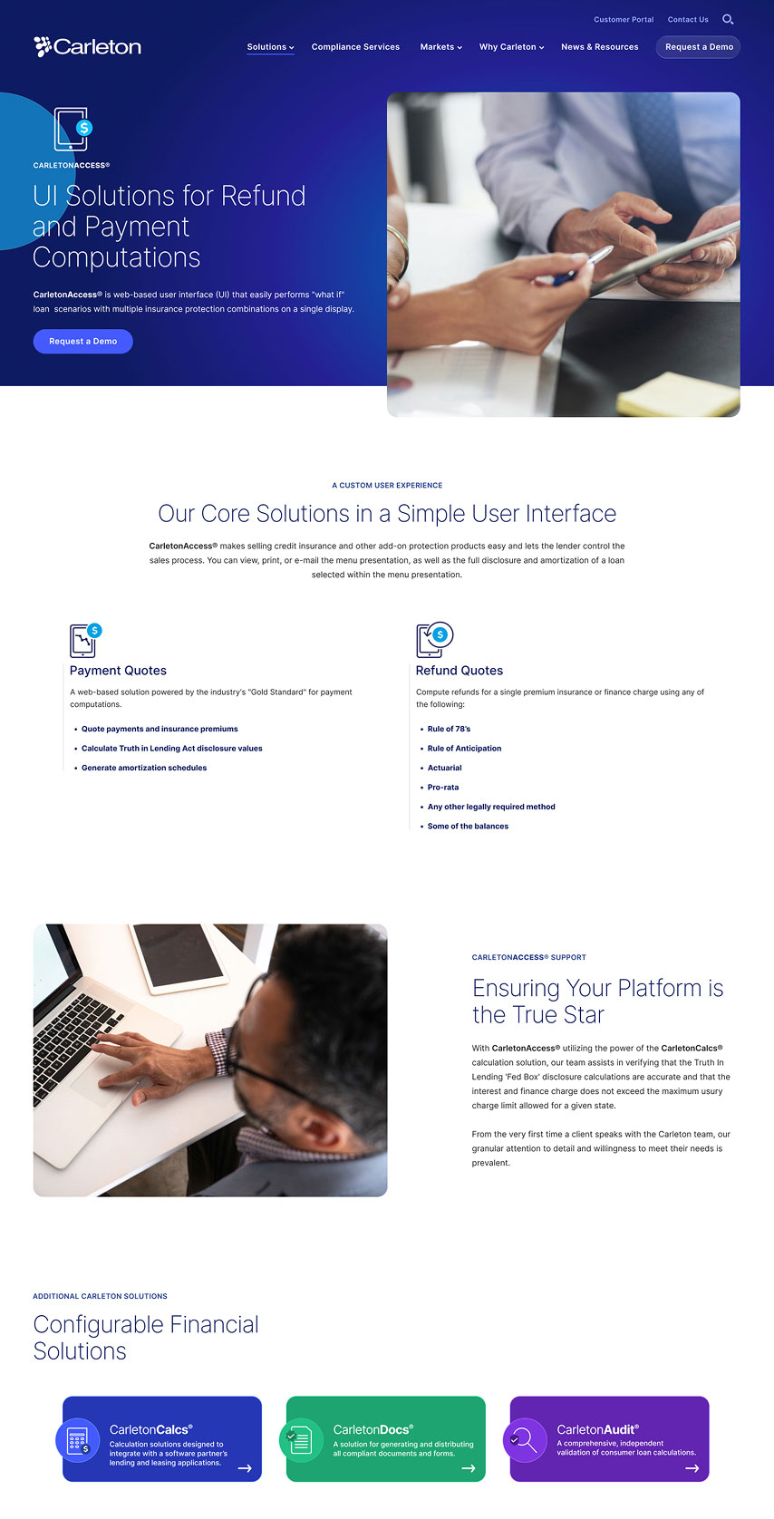 CarletonAccess solution page featuring UI solutions for refund and payment computations