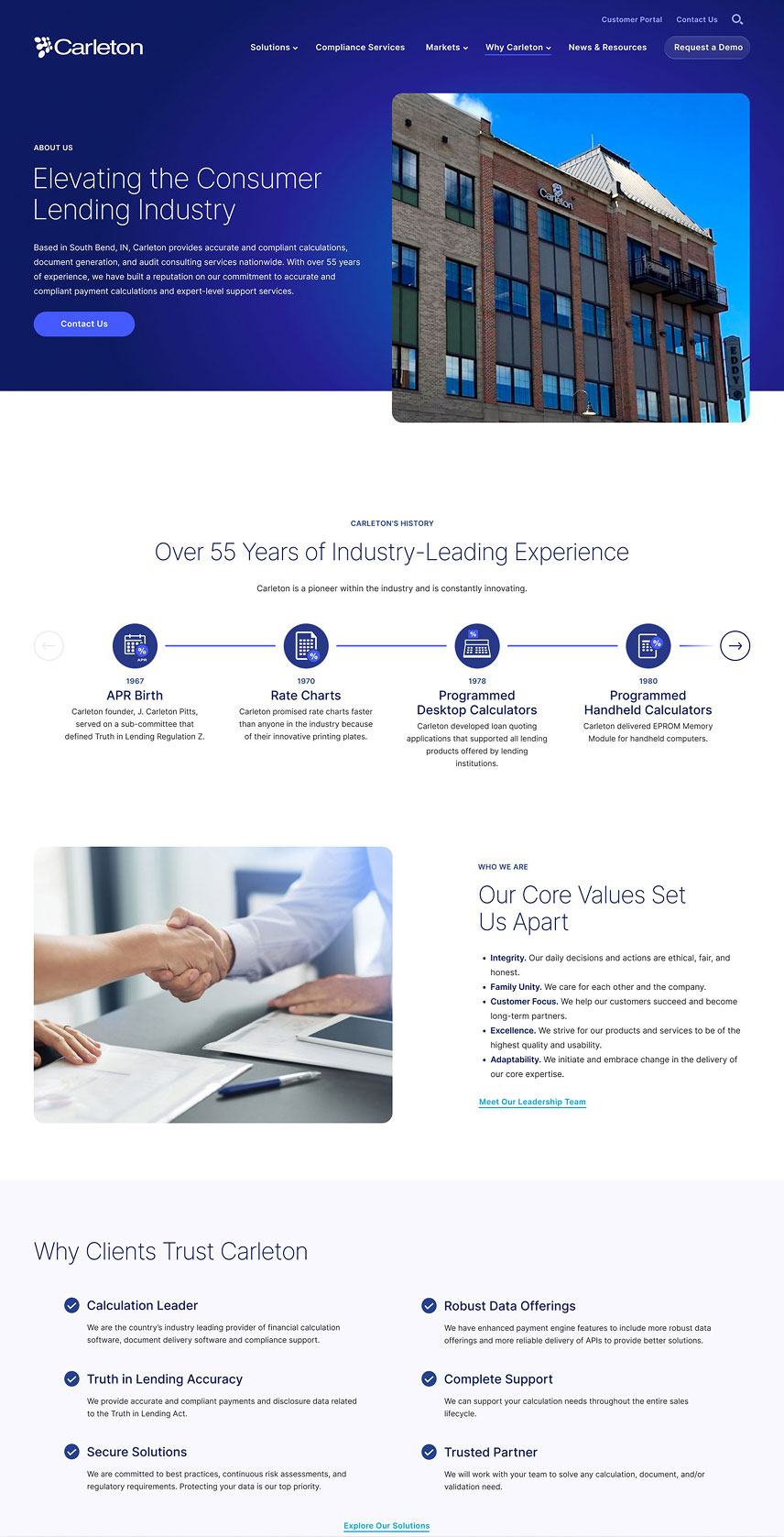 Why Carleton page with company history timeline highlighting over 55 years of industry experience