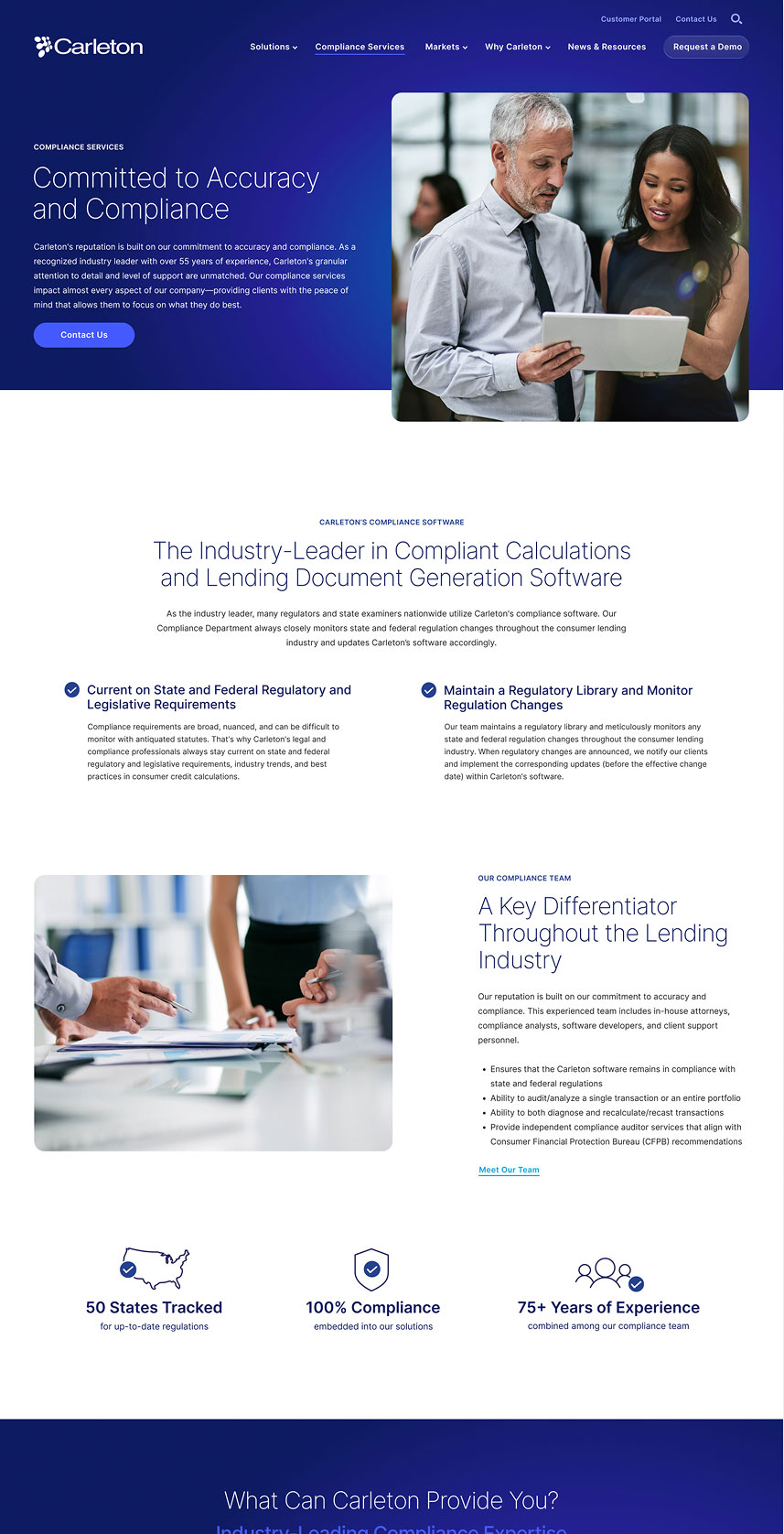 Compliance Services page outlining Carleton's commitment to accuracy and compliance