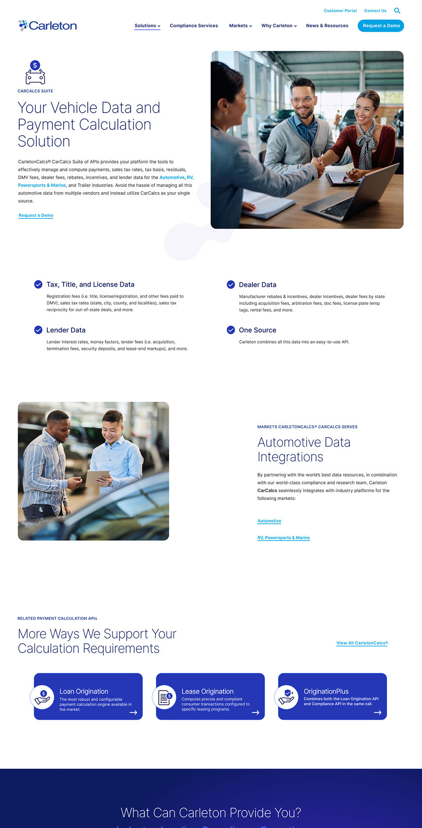 CarCalcs Suite page presenting Carleton's vehicle data and payment calculation solution