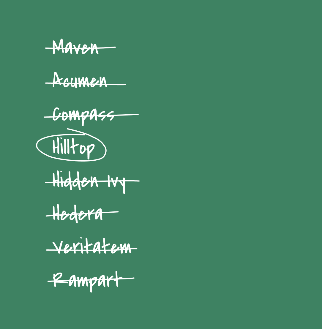 Name options explored: Maven, Acumen, Compass, Hilltop, Hidden Ivy, Hedera, Veritatem, Rampart