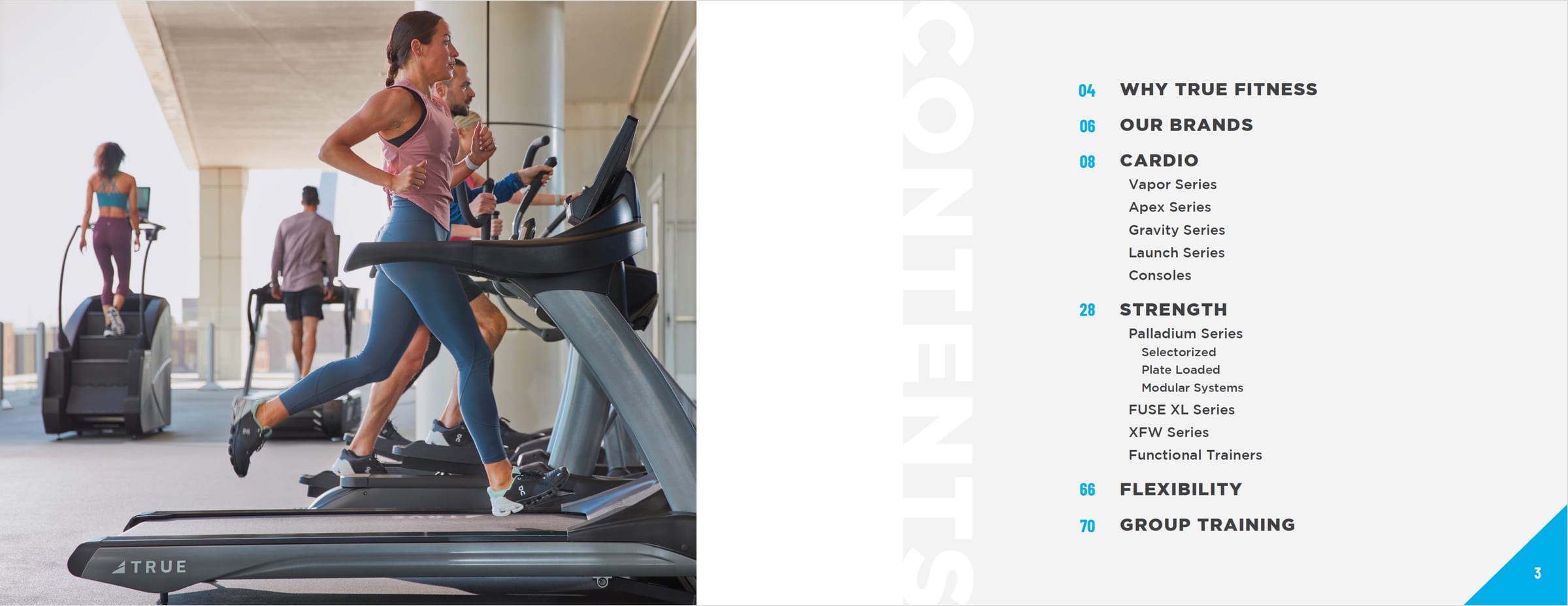 TRUE Fitness brochure contents spread with a woman running on a treadmill.