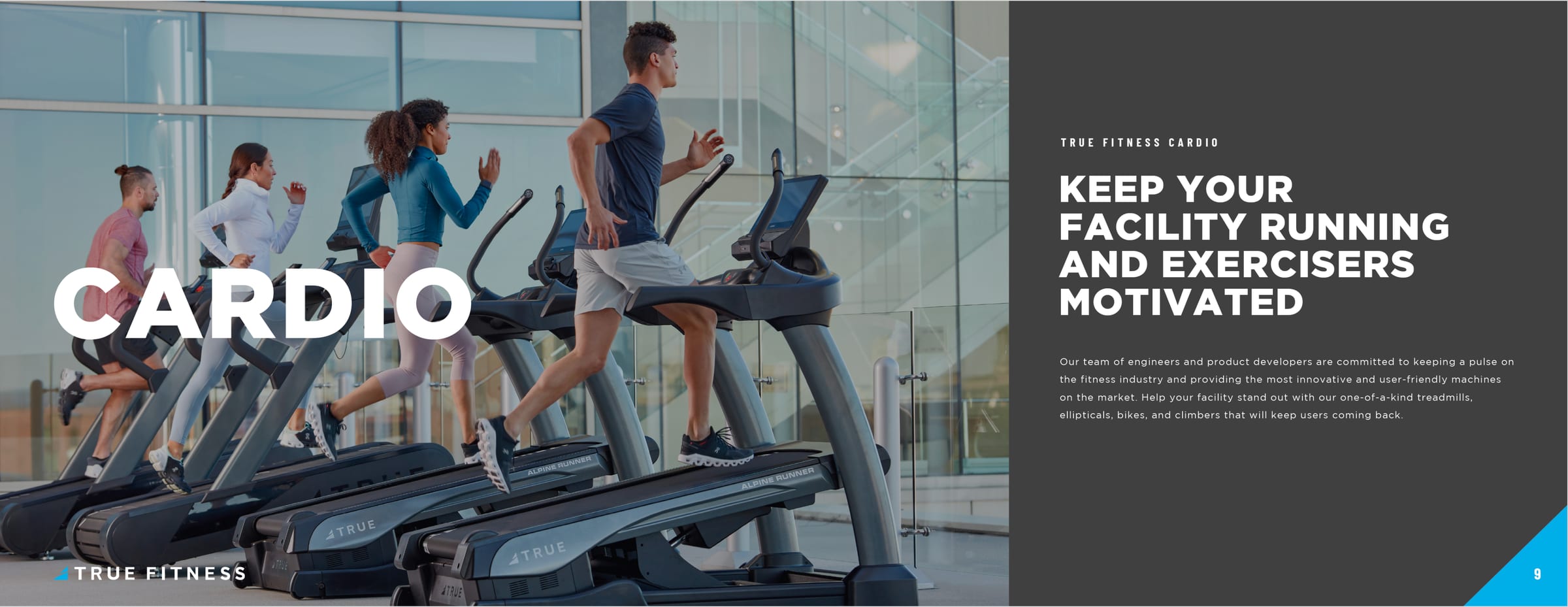 TRUE Fitness brochure cardio section spread with people running on treadmills.
