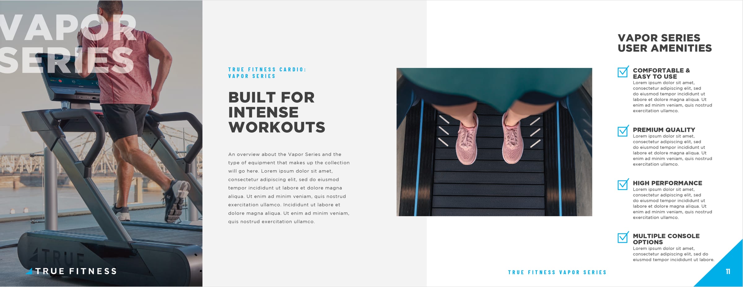 TRUE Fitness brochure Vapor Series spread with a man running on a treadmill.