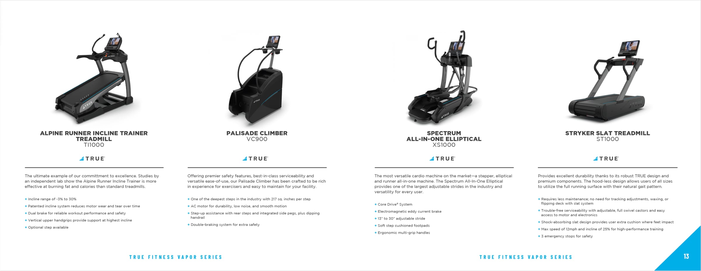 TRUE Fitness brochure product spread featuring four pieces of cardio equipment.