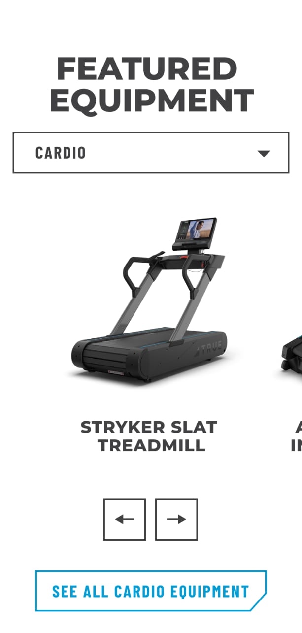 TRUE Fitness mobile site showing featured cardio equipment.