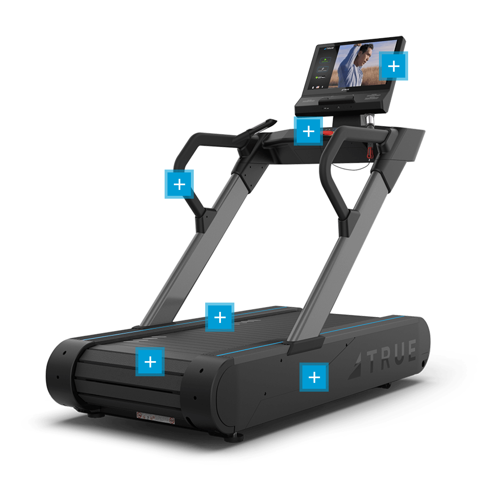 TRUE Stryker slat treadmill with plus-sign pin points highlighting product features.